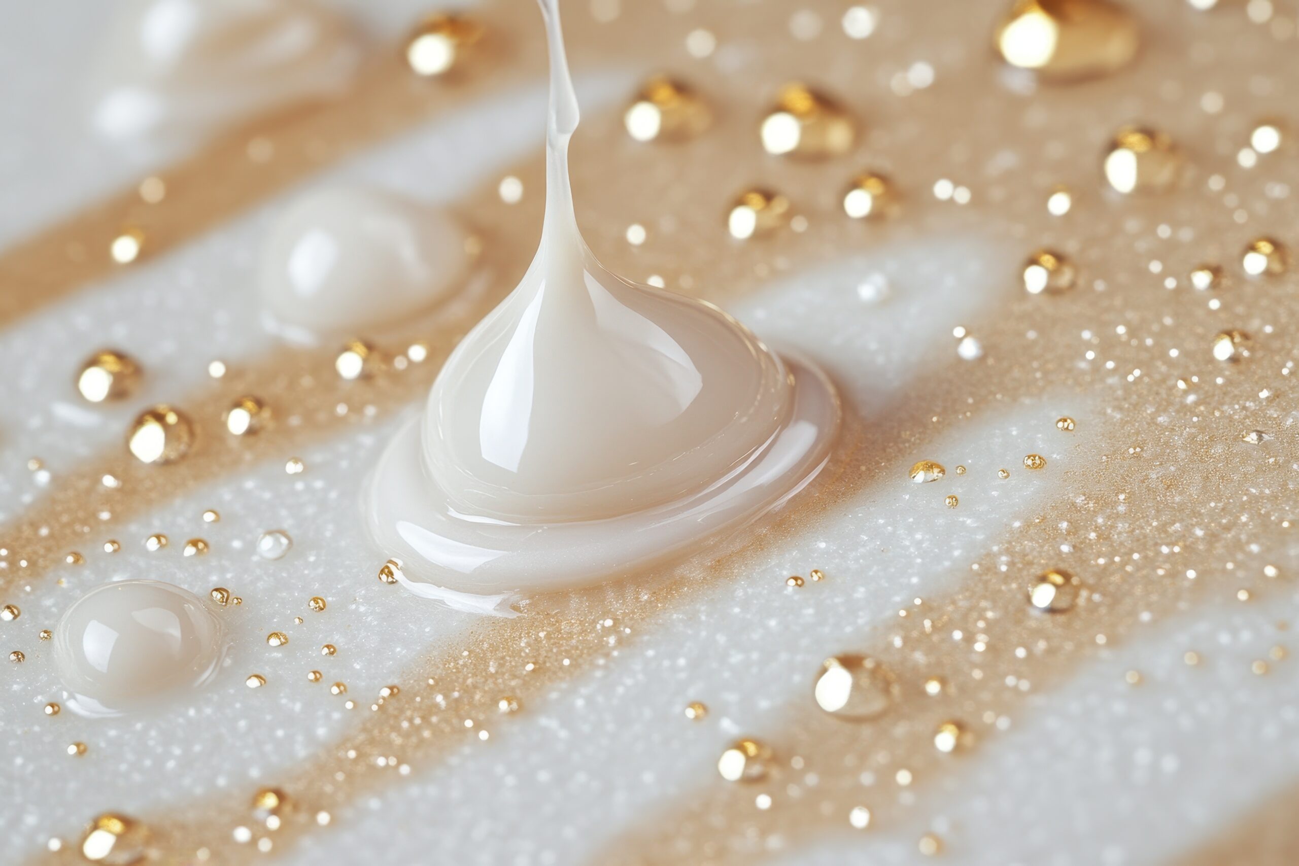 Creamy white liquid drop on beige surface with gold flecks. Ideal for beauty, cosmetics, or skincare product advertising.