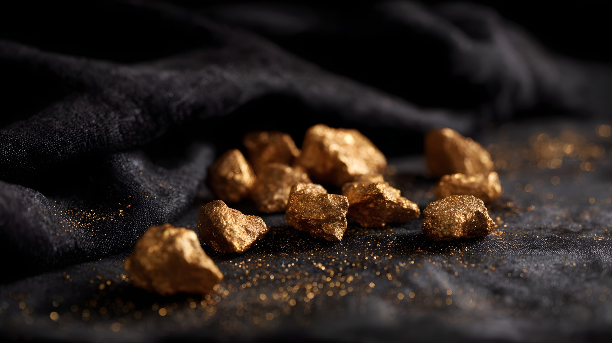 Closeup of shimmering rough cut gold nuggets showcased on a luxurious black velvet backdrop creating a dramatic and prestigious visual display