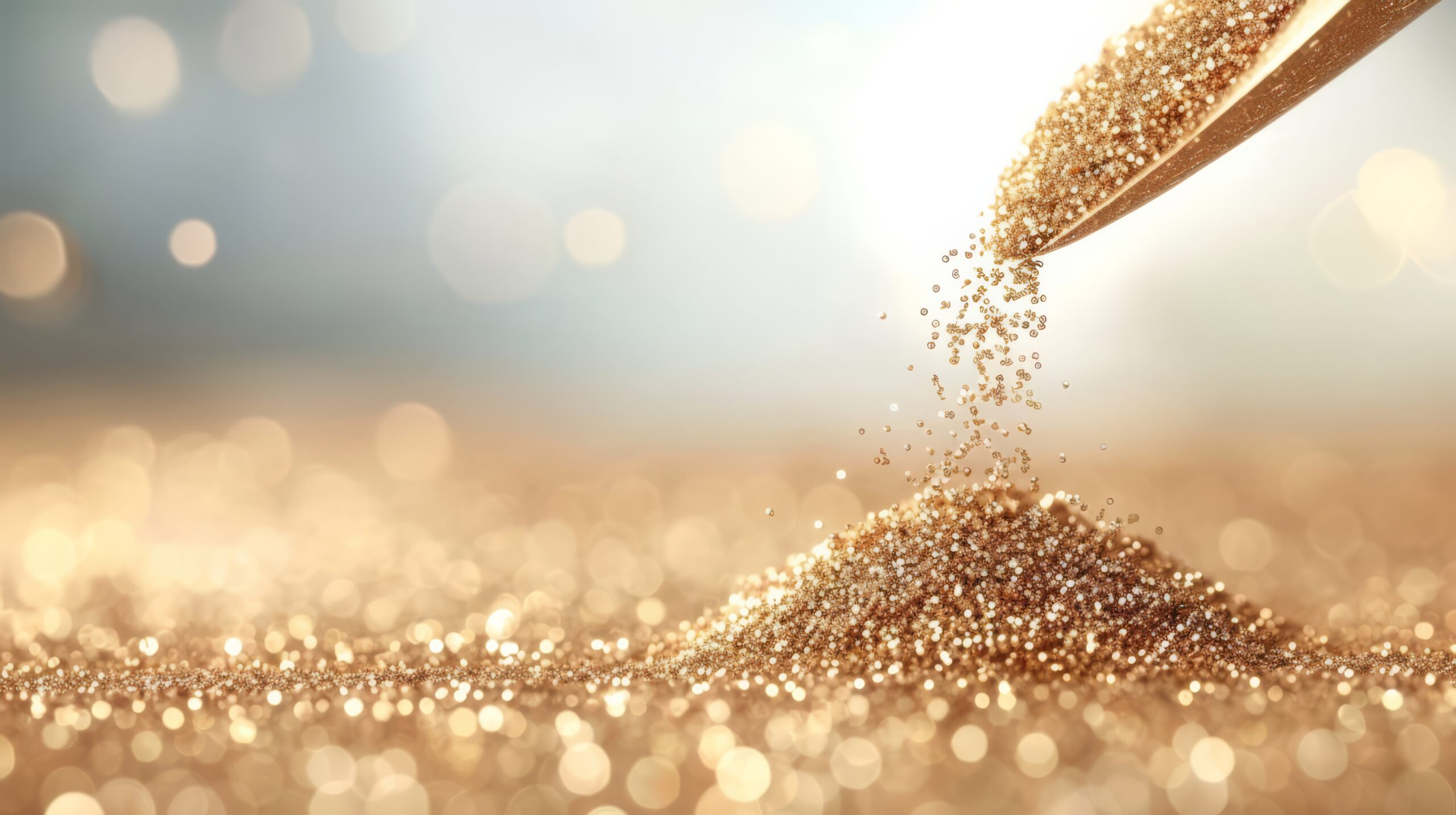 Aerial View of Shiny Golden Glitter Texture or Dazzling Sparkle Background with Radiant Glow and Scintillating Particles for Luxury Glamorous Design